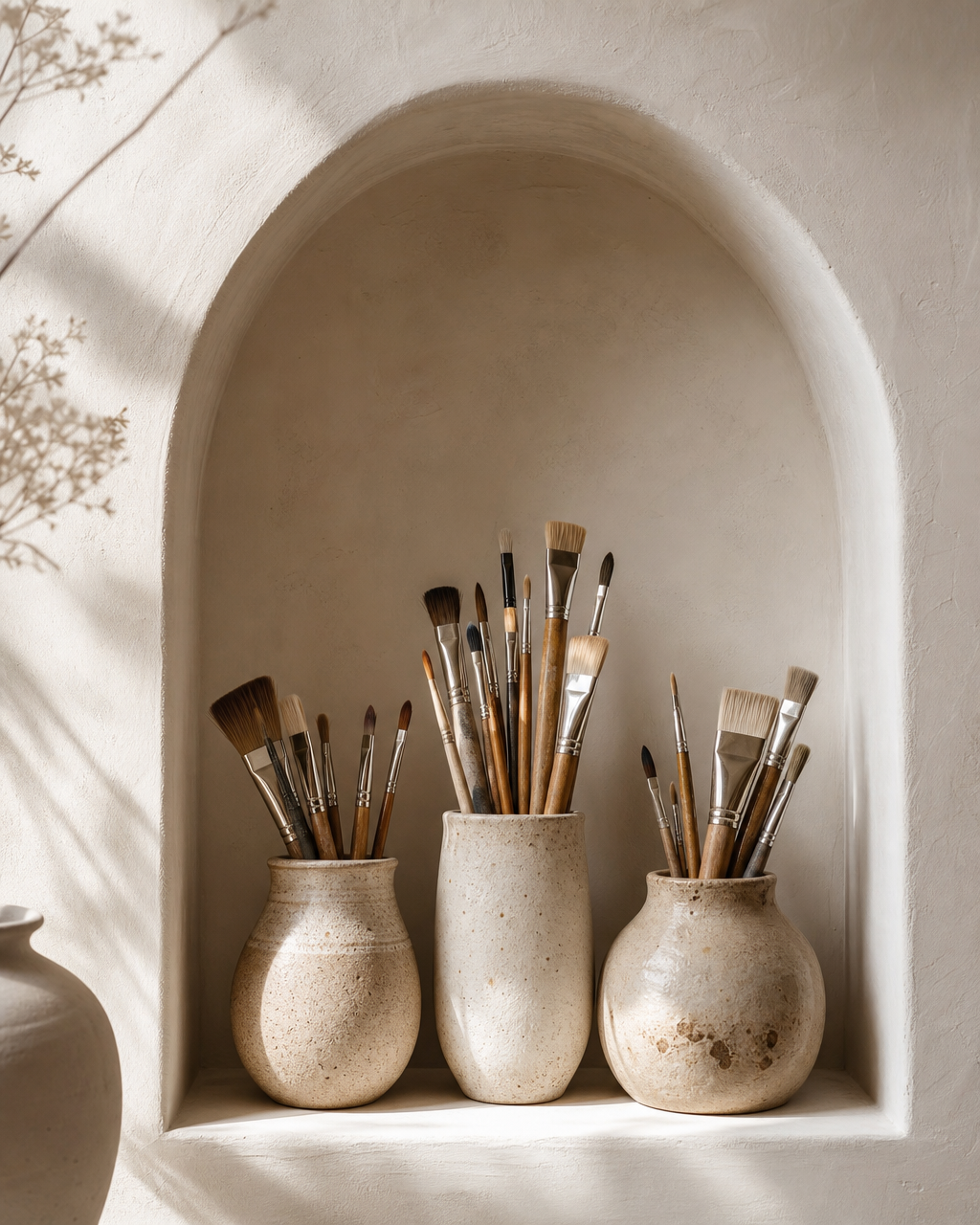 Artist's brushes in ceramic vessels set in a plaster arch alcove