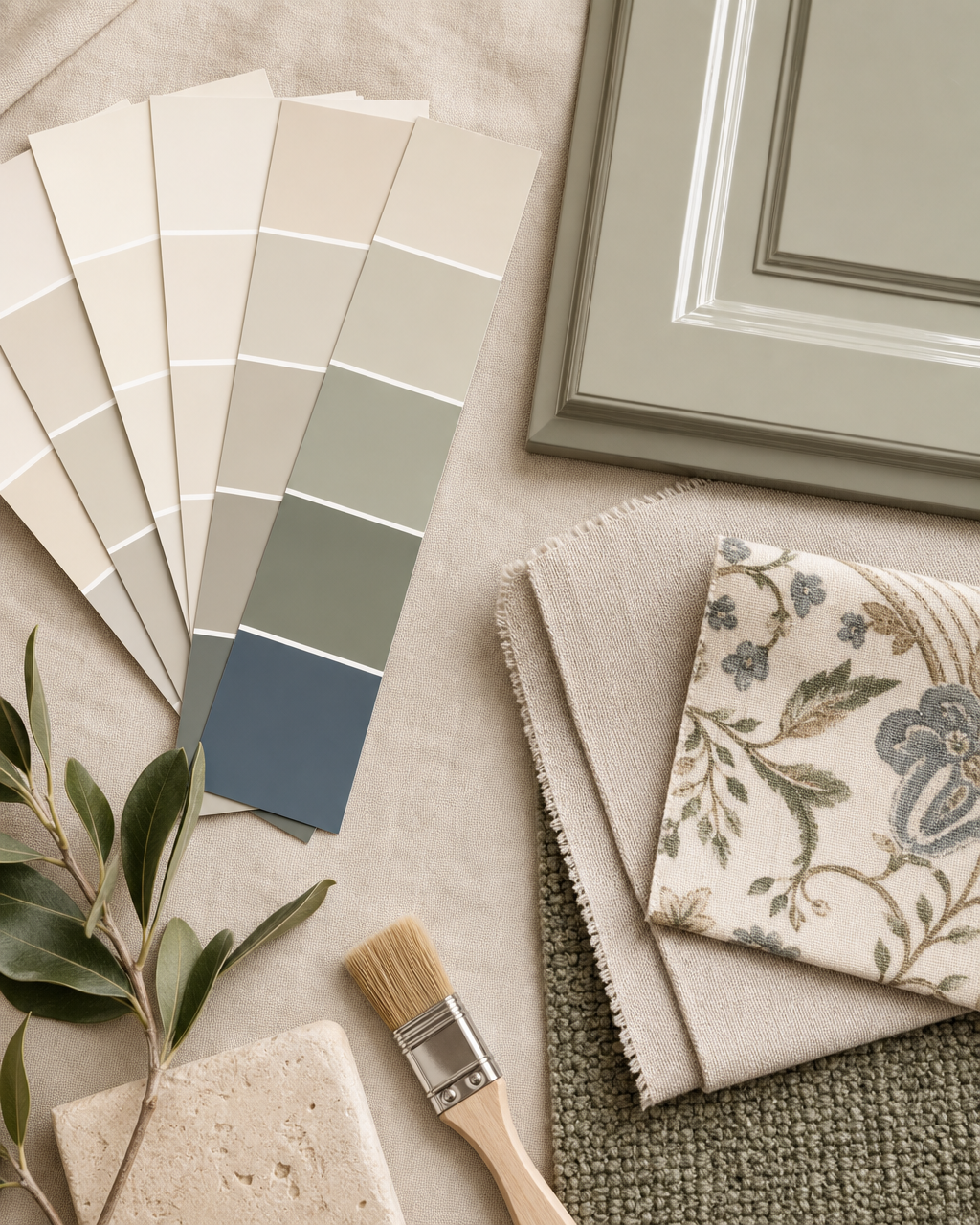 A fan of Benjamin Moore paint swatches in off-whites, sages and a dusty blue beside a painted cabinet door sample, linen and fabric swatches