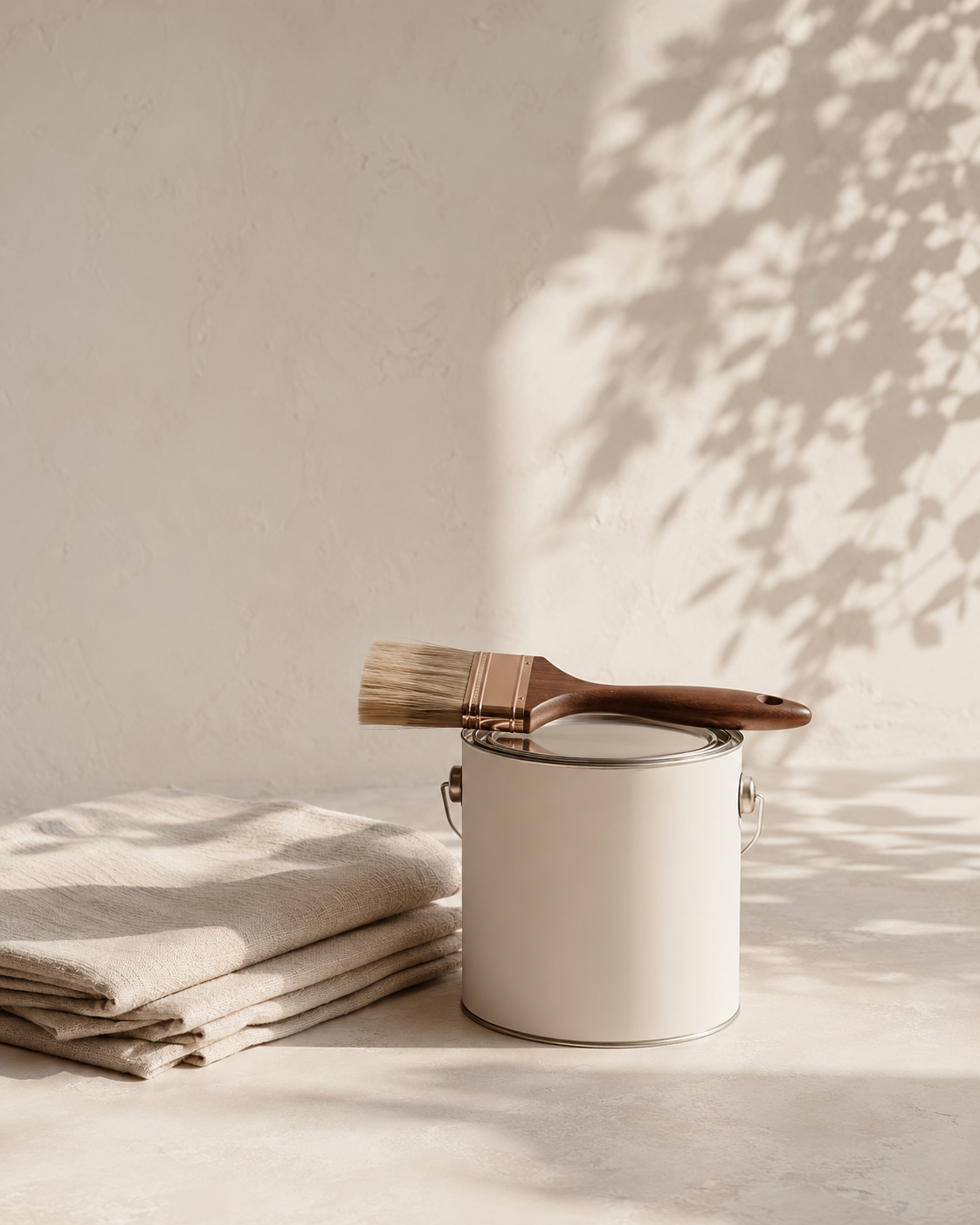 A paint can, brush and folded drop cloth in warm light